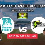 ব্রিসবেন হিট বনাম সিডনি থান্ডার ম্যাচ প্রেডিকশন: BH বনাম ST, 25th T20 ম্যাচ, বিশ্লেষণ ও পিচ রিপোর্ট – আজকের ম্যাচে কে জিতবে?